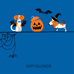 Happy Halloween Greeting Card with dogs and pumpkin. Vector cartoon illustration. Cute dogs in Halloween pet costumes.