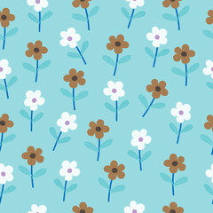Seamless floral pattern with brown and white flowers on a blue background. Floral vector. Floral wallpaper, paper and print.