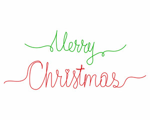 Continuous one line drawing of text merry christmas holiday concept in silhouette on a white background. Linear stylized.