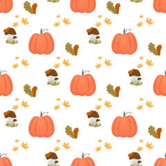 Autumn seamless pattern, with pumpkin, mushrooms and leaves.