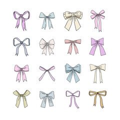 Vector collection of bows. Graphic illustration. Hand drawn color bows set.	 - 455699796