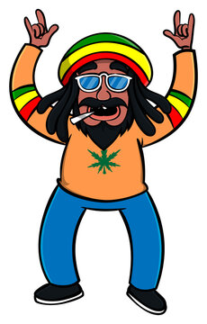 Man with dreadlock hair wearing beanie cap with rastafarian flag color, and sweater with marijuana leaf logo dancing while listening reggae music, Cartoon Vector