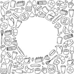 Vector elements of sweet snacks and pastries, coffee dishes. Excellent for decorating cafes and menus. Doodle icon style.