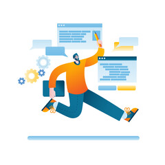 A man with a laptop and a pencil jumps merrily. Vector illustration in a flat style on the topic of programming and software development.