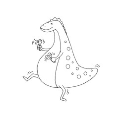 Cheerful dinosaur with maracas. Dancing dragon. Reptile. Music and dancing. Relaxation and fun. Vector. Doodle. Hand-drawn illustration. Silhouette. Black and white outline. Coloring.
