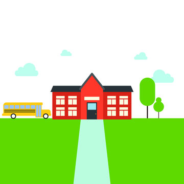 vector school building. flat image of school and school yellow bus nearby