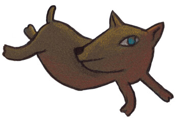 A little dog runs happily isolated on white background. Illustration made with colored pencils of a small dog that runs very happy.