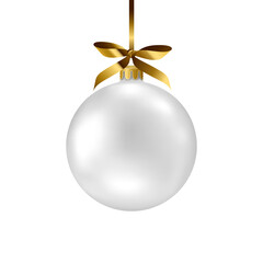 Silver bright ball isolated on white background. Vector illustration. Merry Christmas and Happy New Year 2022 sphere decoration hanging with gold ribbon bow. Holiday Xmas toy bauble for fir tree