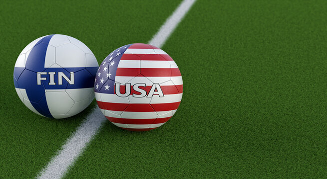 Finland vs. USA Soccer Match - Leather balls in Finland and USA national colors. 3D Rendering 
