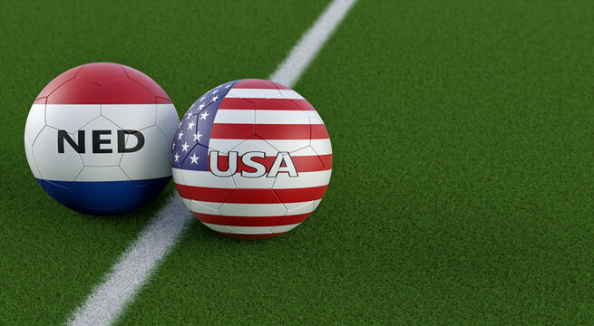 Netherlands vs. USA Soccer Match - Leather balls in Netherlands and USA national colors. 3D Rendering 