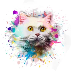 Zelfklevend Fotobehang kleurrijke artistieke kattensnuit met heldere verfspetters op witte achtergrond. © reznik_val