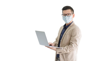 Business employees wearing hygienic mask holding smart computer isolate on white background with copy space.