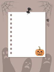 A sheet of notepad pinned to the wall. Note paper, smiling pumpkin, spider and web. Silhouettes of ghosts in the background. Halloween frame. Vector illustration, flat style.