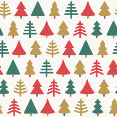 Obraz premium Winter abstract triangle fir tree seamless pattern. Vector illustration. Happy New Year 2022 and Merry Christmas texture. Red, gold and green pine icons, minimal geometric forest gift wrapping,