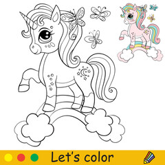Fototapeta na wymiar Cute unicorn with butterflies coloring book page