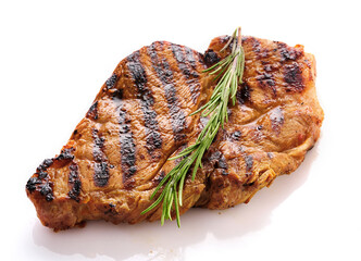 Grilled juicy pork steak with rosemary, BBQ dishes, isolated on white background