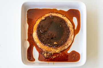 Close-up of a flan creme caramel pudding, a custard dessert. Top view