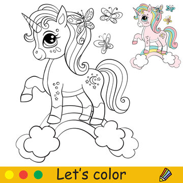 Cute unicorn with butterflies coloring book page