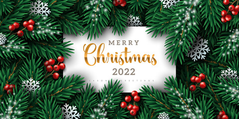 Merry Christmas and Happy New Year 2022 background with xmas tree branches, snowflakes, berries and frame with place for text. Vector illustration. Holiday flyer, sale voucher or party poster invite