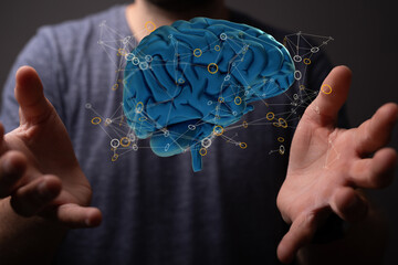 3D render of a holographic digital style human brain conveying the idea