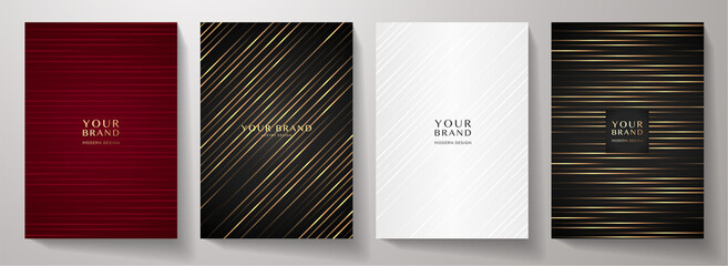 Contemporary cover design set.  Luxury dynamic diagonal line pattern in premium color: black, gold, red, white. Stripe vector layout for business background, certificate, brochure, menu template