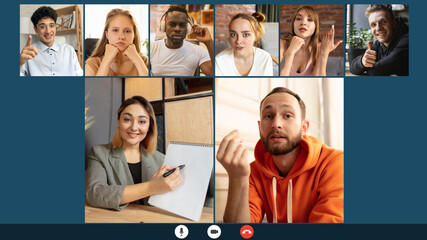 Online dispute. Team working by group video call share ideas brainstorming use video conference. Collage