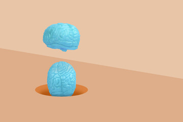 Minimal scene with  a blue human brains falling into a hole in the floor.