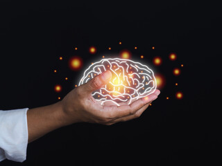 Digital image of the brain on the palm. Artificial Intelligence, AI Technology. Business analysis, innovation, technology in science and medicine. Mental health protection, care, medical and treatment