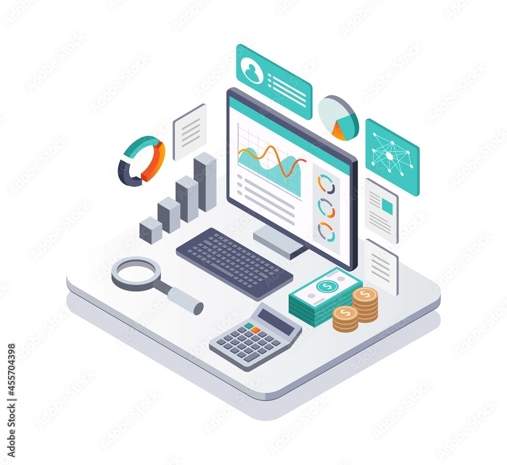 Poster Isometric illustration design concept. a computer with data analysis and search tools