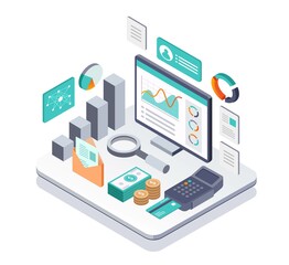 Isometric illustration design concept. a computer with analyst data and payment instruments