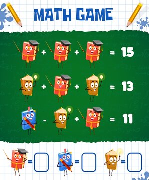 Math game worksheet with cartoon school textbooks and books, vector education maze. Kids math puzzle with addition and subtraction of mathematics numbers, logic learning test and brain teaser