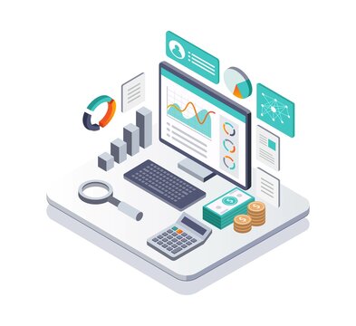 Isometric illustration design concept. a computer with data analysis and search tools