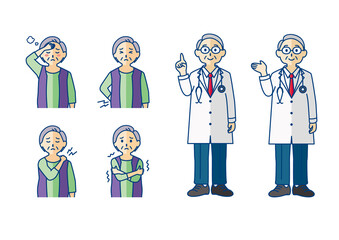 体調不良のシニア女性と医者