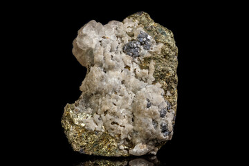 Macro of a mineral stone Sphalerite with fluorite and pyrite on a black background close up