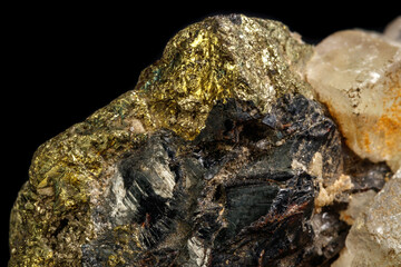 Macro of a mineral stone Sphalerite with fluorite and pyrite on a black background close up