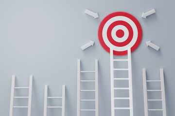 Successful business way, stand out from the crowd, different creative ideas, and develop working life concepts. Glowing ladder aiming high to goal target on blue background. 3D render