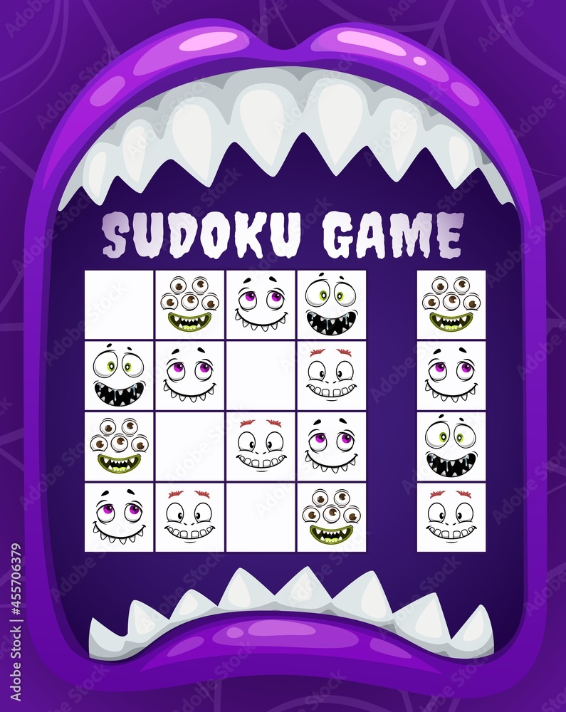 Poster children sudoku game or puzzle with cartoon vector faces of halloween monsters. kids education riddl
