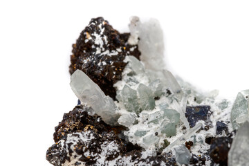 Macro mineral stone Drusus quartz with sphalerite in the rock a white background