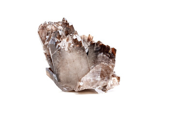 Macro mineral stone Morion crystal in the rock a white background