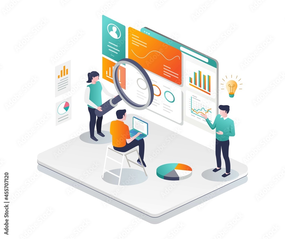 Aufkleber isometric illustration design concept. analyze data and search seo optimization