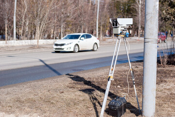 Radar measuring speed on the road in the city.