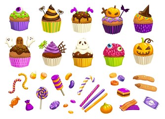 Cartoon Halloween sweets, cupcakes and witch fingers, candy corns lollipops and chocolate desserts, vector. Halloween trick or treat candies and cakes with pumpkin biscuit and tombstone pudding