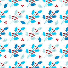 Floral seamless pattern with Christmas holly leaves and berries on white background. Print for holiday wrapping paper, fabric, scrapbook, New Year concept. Vector flat design illustration