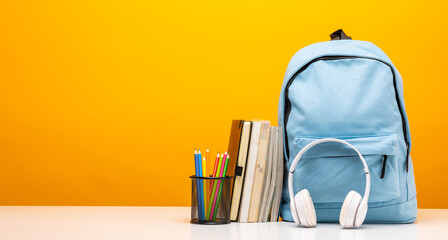 Back to school background. Stationery Supplies in the school bag. Banner design education On Yellow background.
