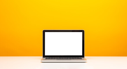 Education background concept. Laptop with blank screen on Yellow background. Banner design copy space.