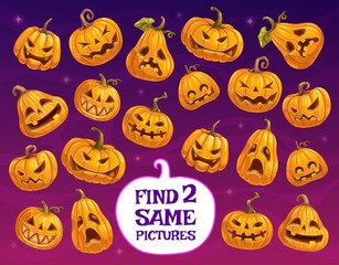 Halloween game or puzzle vector template of kids education design. Find two same pumpkin lanterns, memory game or matching riddle with Halloween horror holiday jack o lantern pumpkins with scary smile
