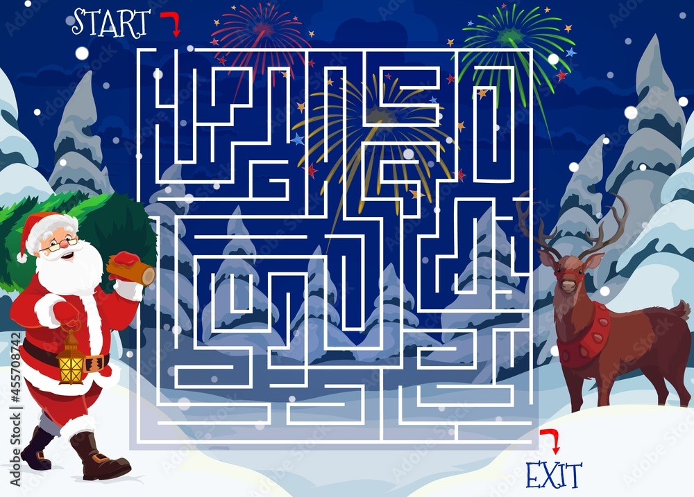 Poster christmas maze or labyrinth game with cartoon vector santa, children education puzzle design. square