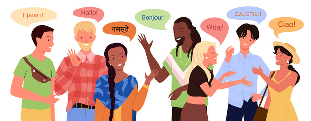 Multilingual people greeting vector illustration. Cartoon young man woman characters say hello in different foreign languages and smile, standing together with bubbles chat overhead isolated on white © Natalia