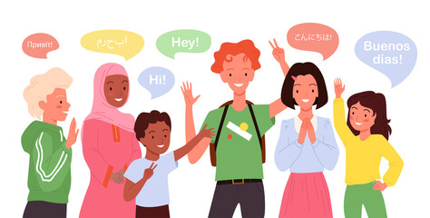 Obraz na płótnie Canvas Cartoon group of multicultural multiethnic girl boy child characters standing, cute students waving hand background. Children greeting, school kids say hi in different languages vector illustration