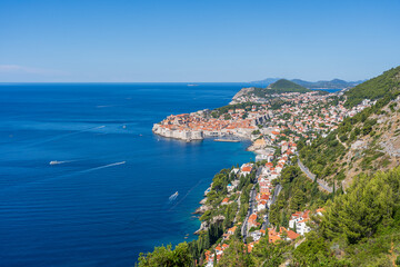 Fototapeta premium Aerial view of the old town Dubrovnik, blue sea and mountains, Croatia